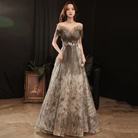 evening dress boat neck elegant appliques sequins short sleeves ruched floor length new lace up woman formal party gowns a794