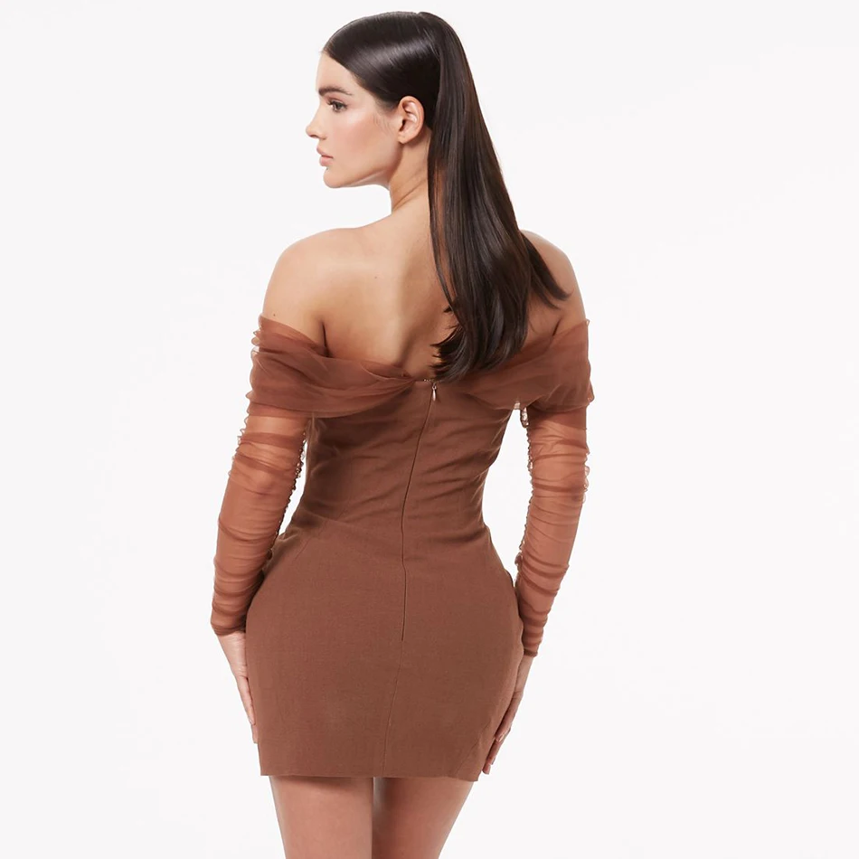 

Sexy Brown Off-shoulder Mesh Long-sleeved Dress 2021 Summer Women's New Elegant Runway Evening Party Dress Vestido