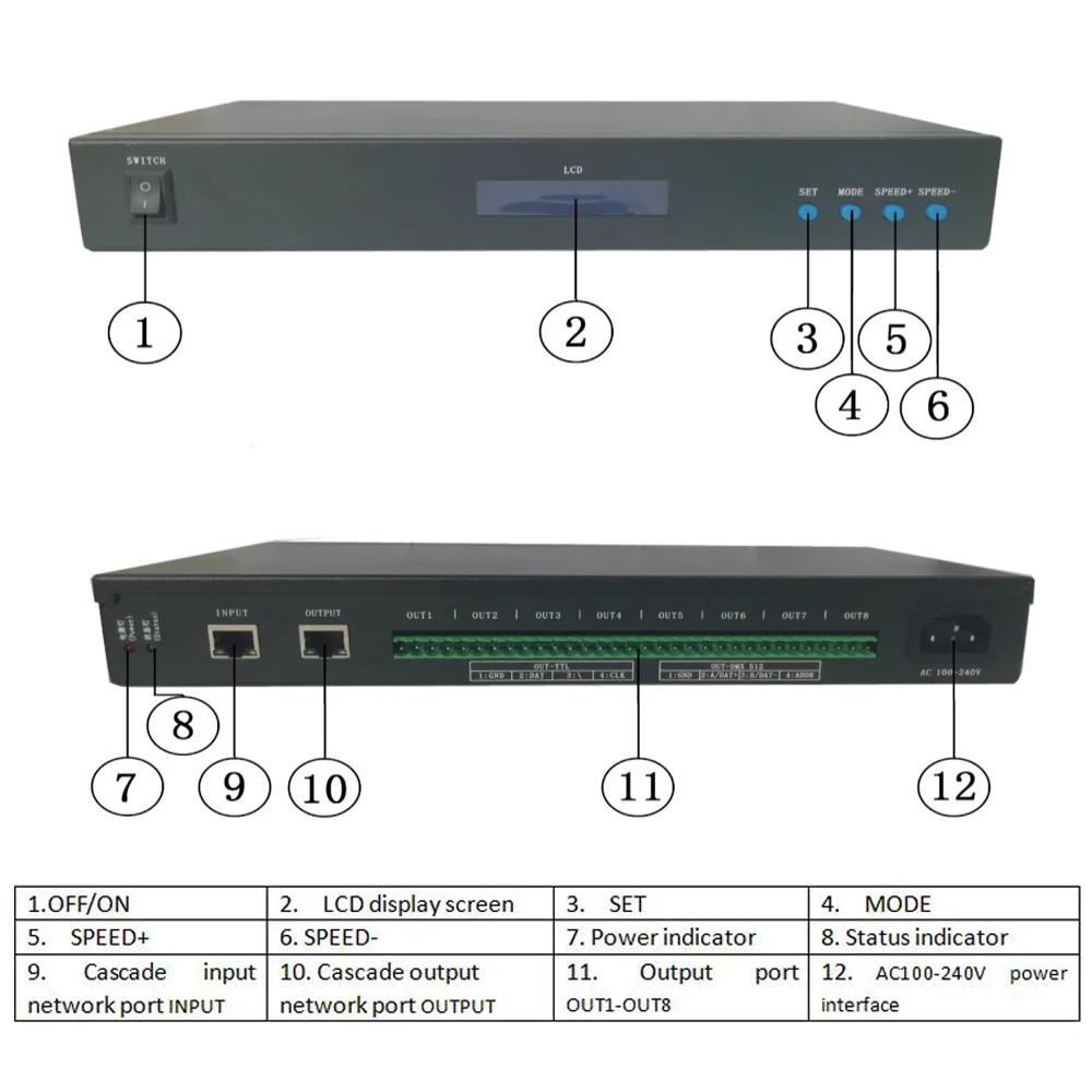 

T-780K online sd card led pixel controller;AC90-220V input;8ports programmable led controller;DMX512 output and SPI/TTL output