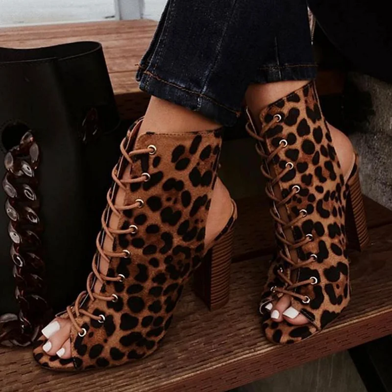 

Perixir Leopard Gladiator Women Chunky Heels Cross-tied Boot Peep Toe Lace Up Pumps Woman Boot Sandals Shoes Size 35-42 botas