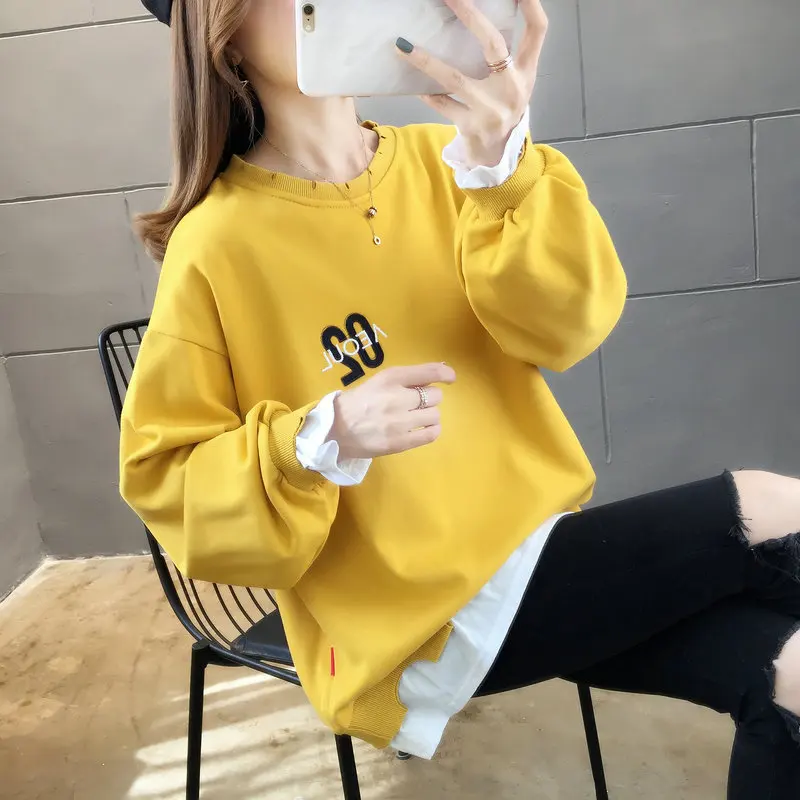 

2021 Spring and Autumn New Fat Mm Hoodless Ladies Sweater Thin Loose Korean Version Was Thin Fake Two-piece Graphic Hoodies