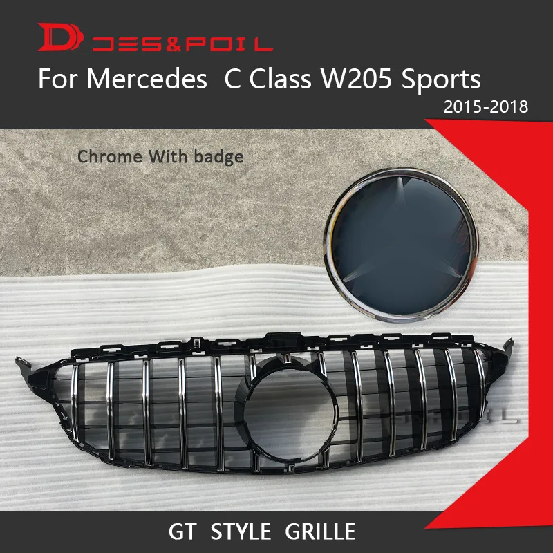 chrome with badge Для Mercedes C Class W205 Sports GT решетка вертикальный передний бампер гоночный гриль- Купе Седан 2 двери 4 двери C180 C200 C250 - Цвет: chrome with badge