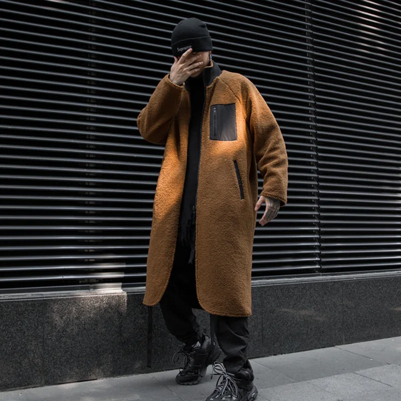 

Мужской зимний шерстяной двусторонний тренчкот, теплая флисовая длинная куртка, Мужская винтажная одежда в стиле хип-хоп