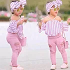 Модные детские комплекты из 3 предметов летняя одежда для девочек полосатый топ с открытыми плечами + рваные штаны + повязка на голову комплект одежды для девочек От 1 до 7 лет