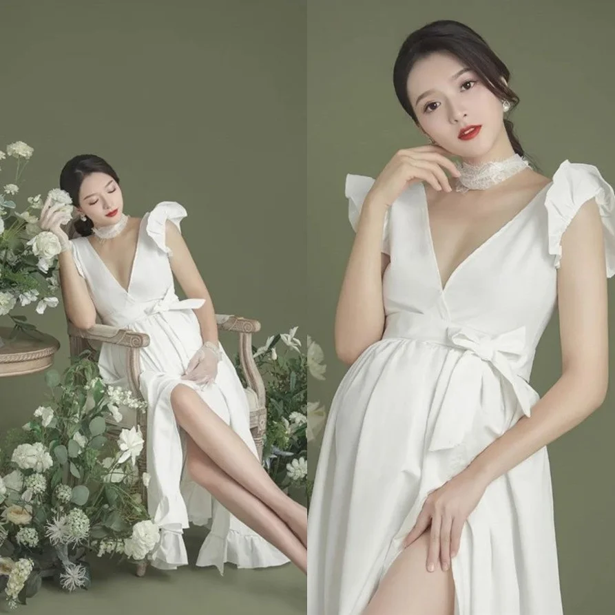 

Women Pregnancy Photography Props Gown For Photo Shoot White Elegant Ruffle Sleeve V-neck Maternity Dress For Baby Shower 2022