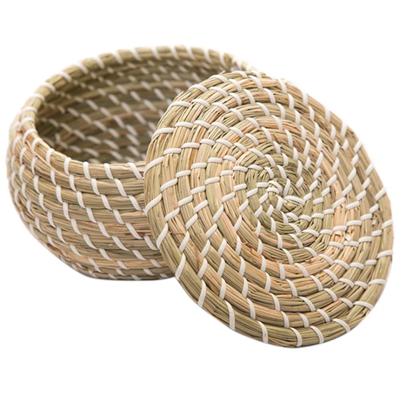 1 Pcs Straw Hand Woven Storage Baskets Wicker Basket with Lid Home Organization | Дом и сад