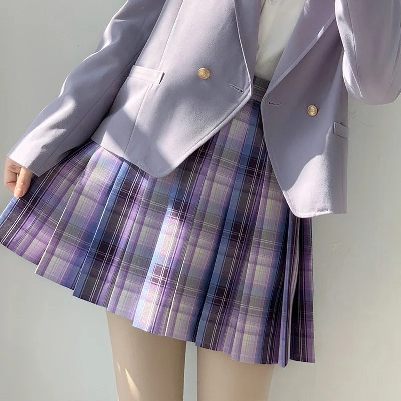 

Женская одежда JK решетчатая японская Модная студенческая Униформа плиссированная юбка нижняя Повседневная фиолетовая универсальная униф...