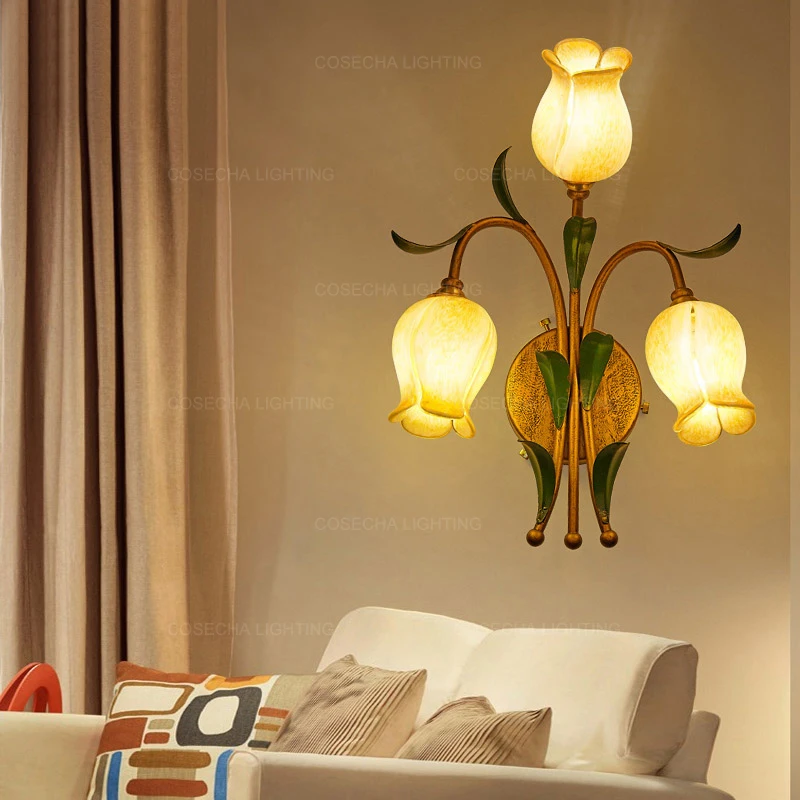 Настенные светильники с цветами и стеклянным оттенком винтажные золотые