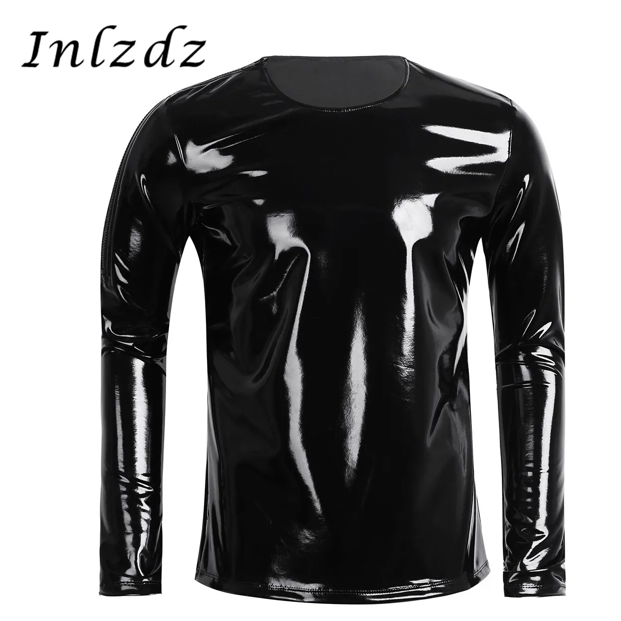 

Мужская футболка из латекса Лакированная кожа с длинным рукавом на молнии Футболка Клубная одежда Стиль блестящий металлик в стиле «хип-хо...