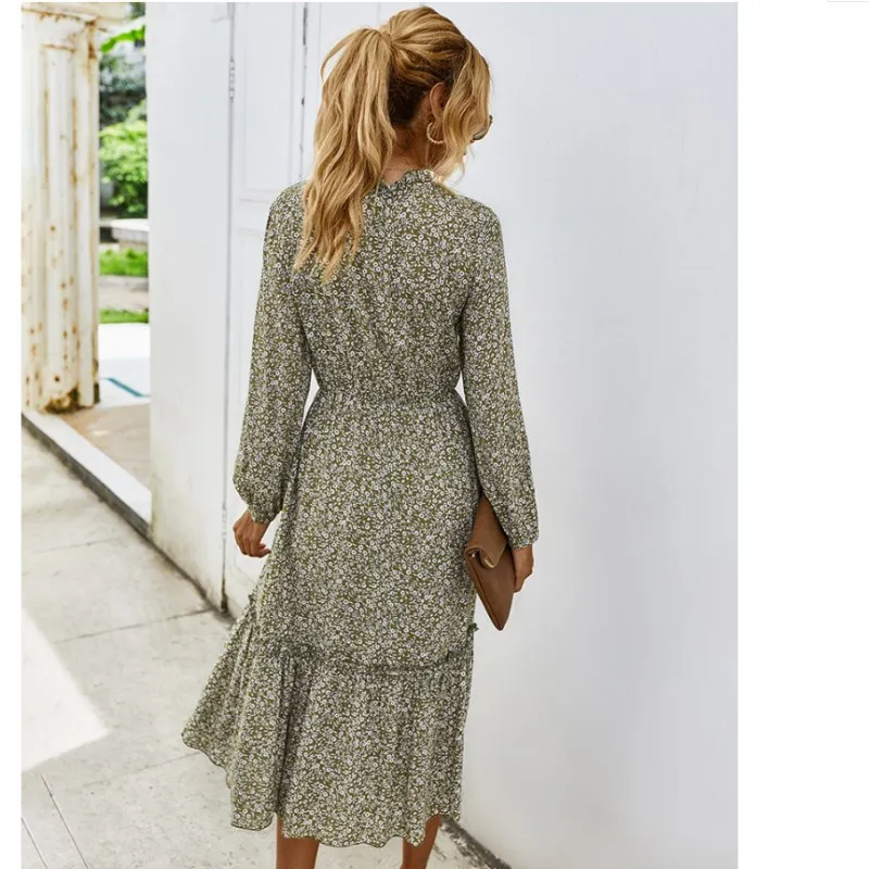 

Women Fall/Winter Long-Sleeved Floral Dress Female Boho Long Skirt Fashion Retro Dresses Ladies Casual A-Line Skirts