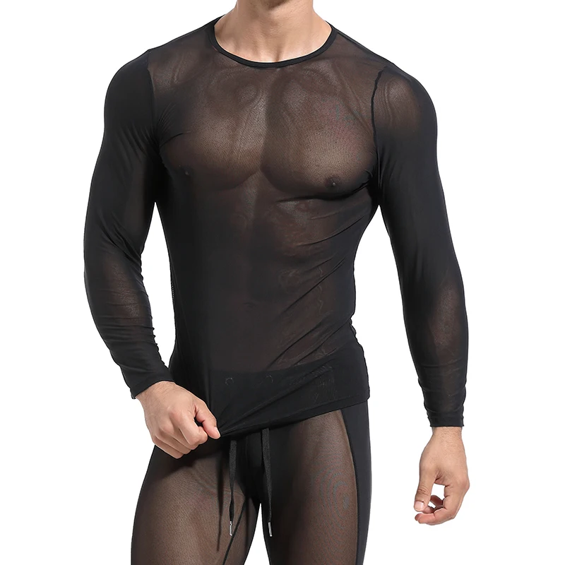 Мужская сетчатая прозрачная рубашка в сеточку Сексуальная с длинным рукавом для