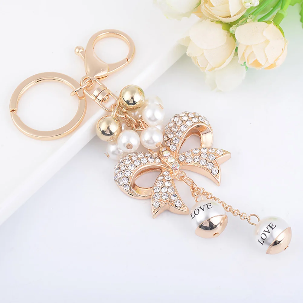 

Crystal Bow Keychains Key Chain Pearl Car Key Rings Female Bags Pendant Accessories Key Chains (White)