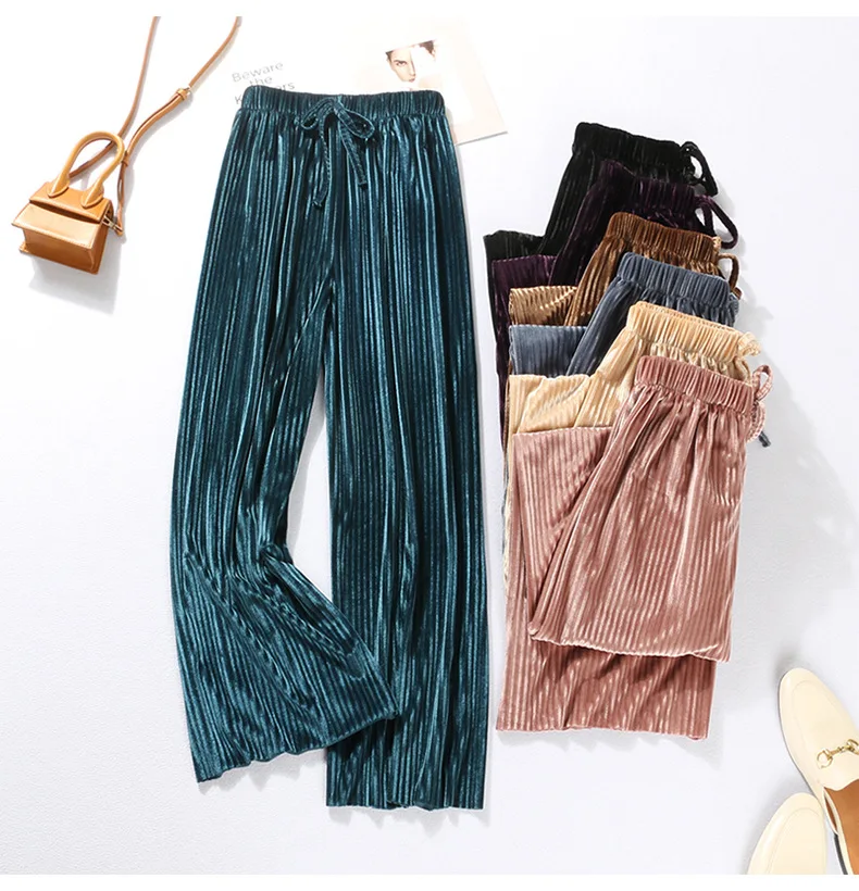 

Pleated Wide Leg Womens Pants High-Waisted Drape New Spring Summer Loose Slacks Chiffon Trousers Ice Silk Ankle-length Pants