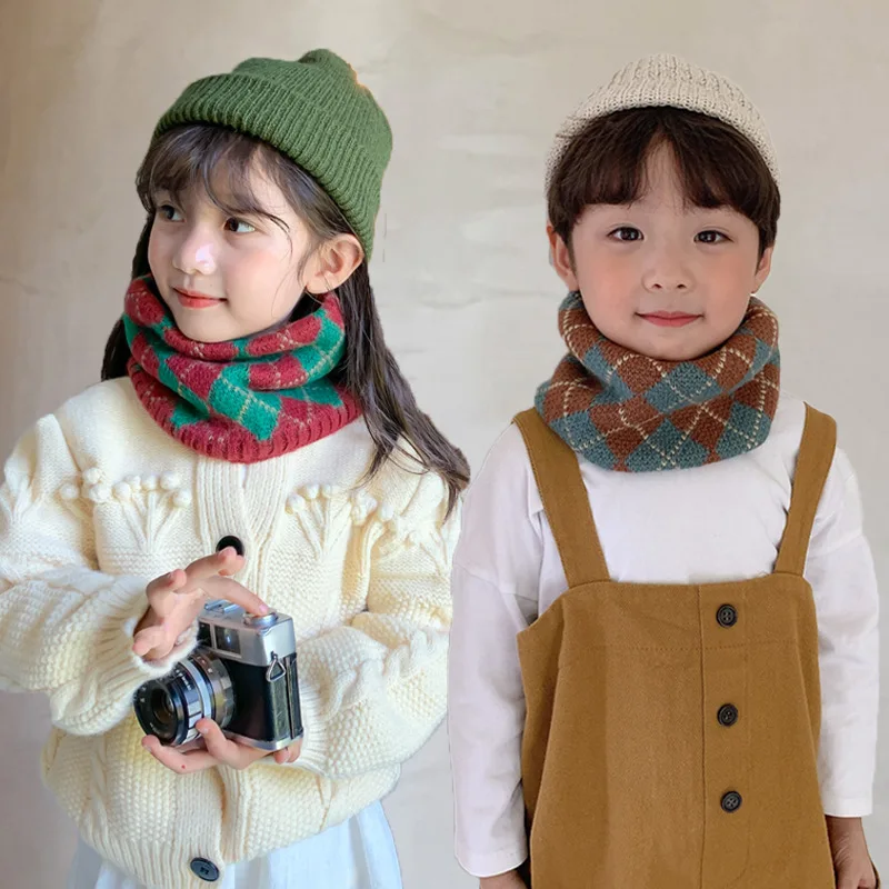 Модный винтажный клетчатый Детский шарф-кольцо Теплый Зимний вязаный воротник