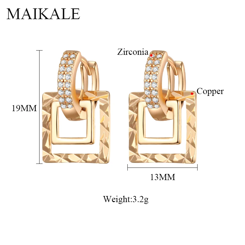 Женские серьги-гвоздики с фианитом MAIKALE, модные серьги золотистого/серебристого цвета в форме двойного круга с камнем геометрической квадратной формы, ювелирные изделия для подарка