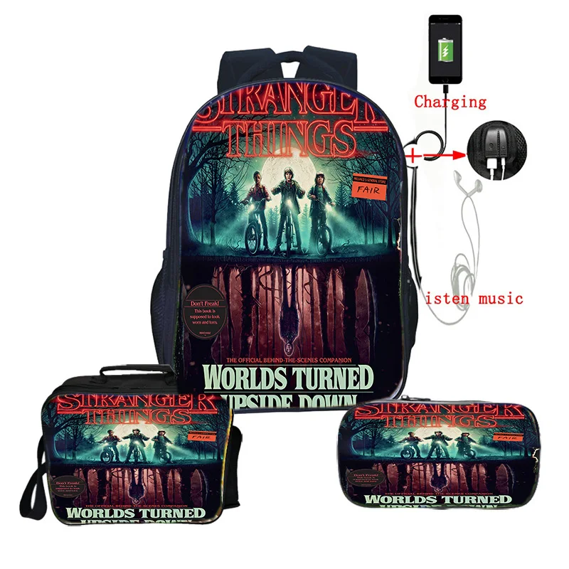 

3pcs/set Stranger Things 3 USB Charging Backpack lunchBag pencil Case Funny Print Rucksack Back to School Backpack Boys Children
