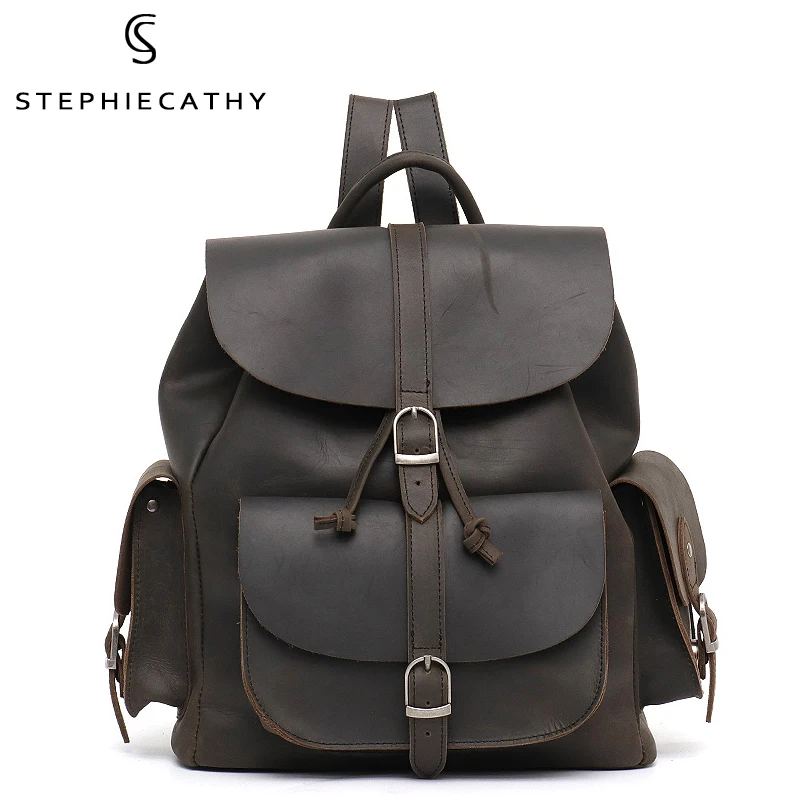 SC Retro Crazy Horse Leather Backpack Women Casual Multiple Pockets Flap Shoulder Bags Cowhide Drawstring Large Travel Knapsack