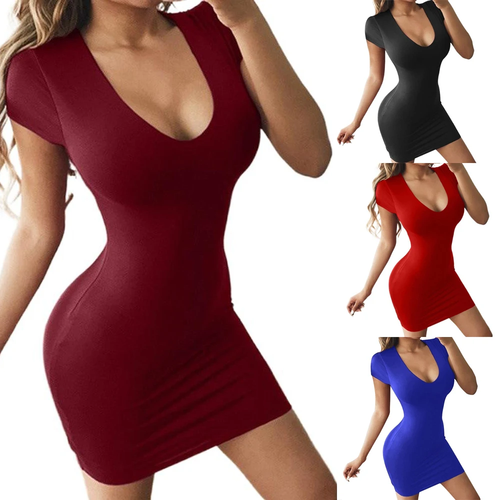

Women Solid Colour Slim Mini Dress Simple Style Short Sleeve Round Neck Dresses Summer Sexy Bodycon Party Club Ladies Vestidos