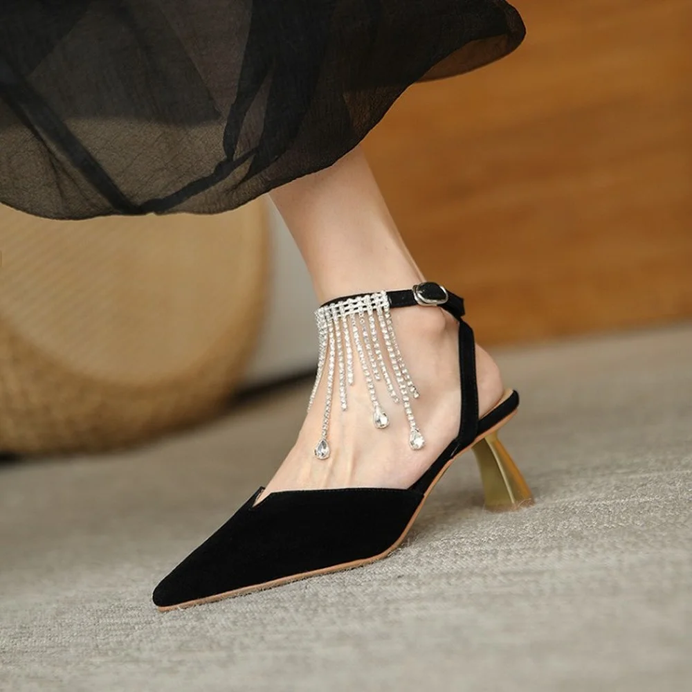 

Womens Pointy Toe Suede Leather Tassels Rhinestones Crystal Strange High Heel Slingbacks Sandals Shoes Luxury New 2021