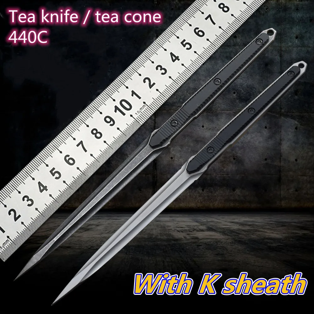 

440C Tea Knife Tea Needle Aluminum Handle Kung Fu Tea Set EDC Jungle Hunting Tactical Self-Defense Knife with K Sheath
