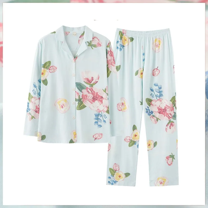 

Flower Ladies 2PCS Pajamas Suit Sky Blue Cotton Home Wear Turn-down Collar Cardigan Pant Nightwear Spring Autumn Loose Sleepwear