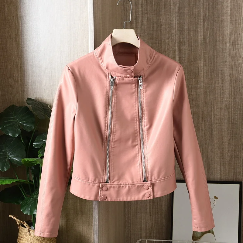 

Streetwear Fashion Black Motorcycle Biker jacket Women Short Slim Faux Soft PU Leather jacket Female Casual Off-white Outerwear