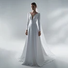 Простое классическое атласное свадебное платье-трапеция цвета слоновой кости UZN, недорогое свадебное платье с глубоким V-образным вырезом и длинным рукавом, на пуговицах, свадебное платье