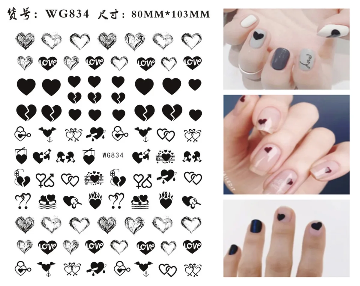 

1pcs 3D Nail Sticker Black Heart Love Self-Adhesive Slider Letters Nail Art Decorations Stars Decals Manicure Accessories
