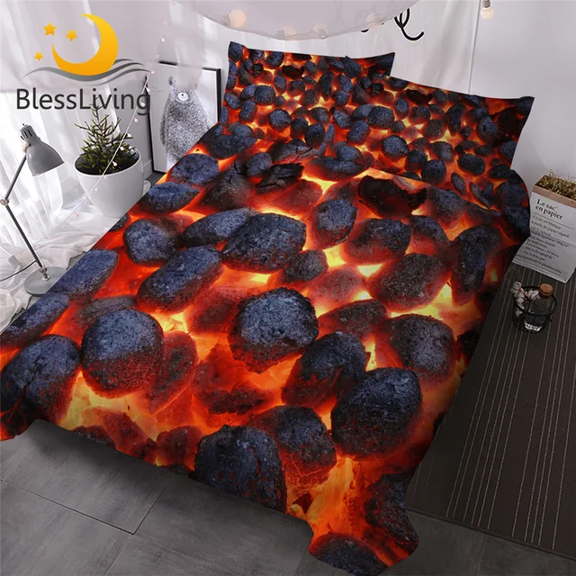 BlessLiving 3D Print Quilt Cover Burning Briquettes Bedding Set Flame Fire Bed Clothes Red Black Coal Warm Comforter Cover 3pcs 1