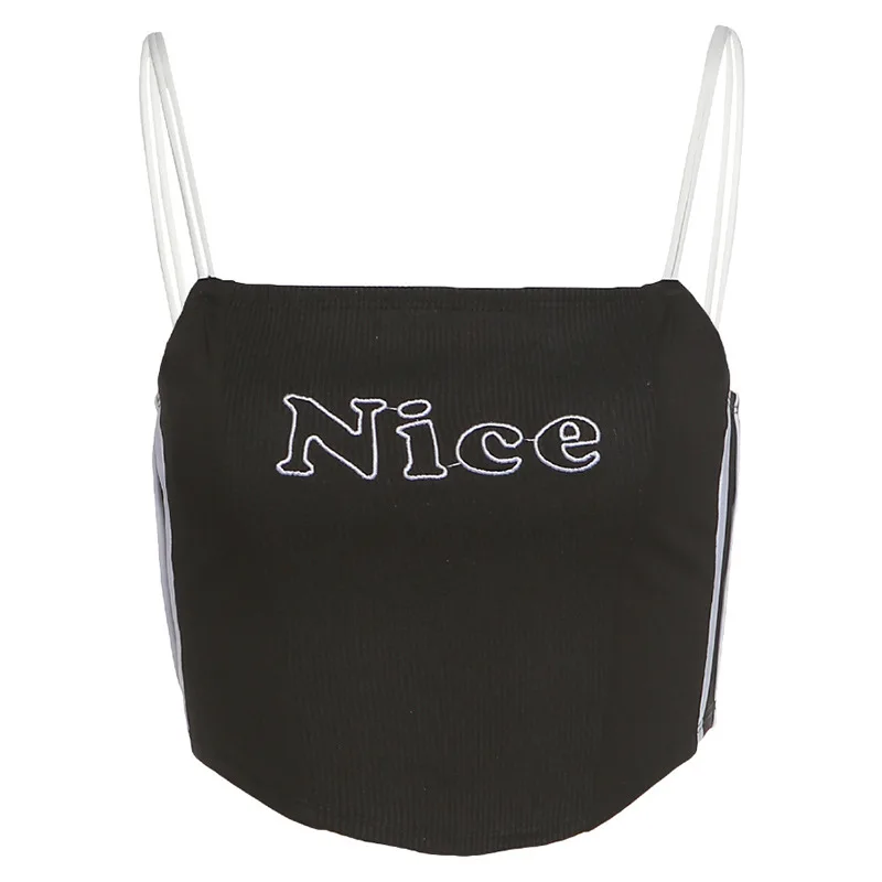 

Summer Casual Women Tank Tops Printing Letter Embroidered Halter Slim Fit Fashion Sexy Camisole Sleeveless Sling Type 2021 New