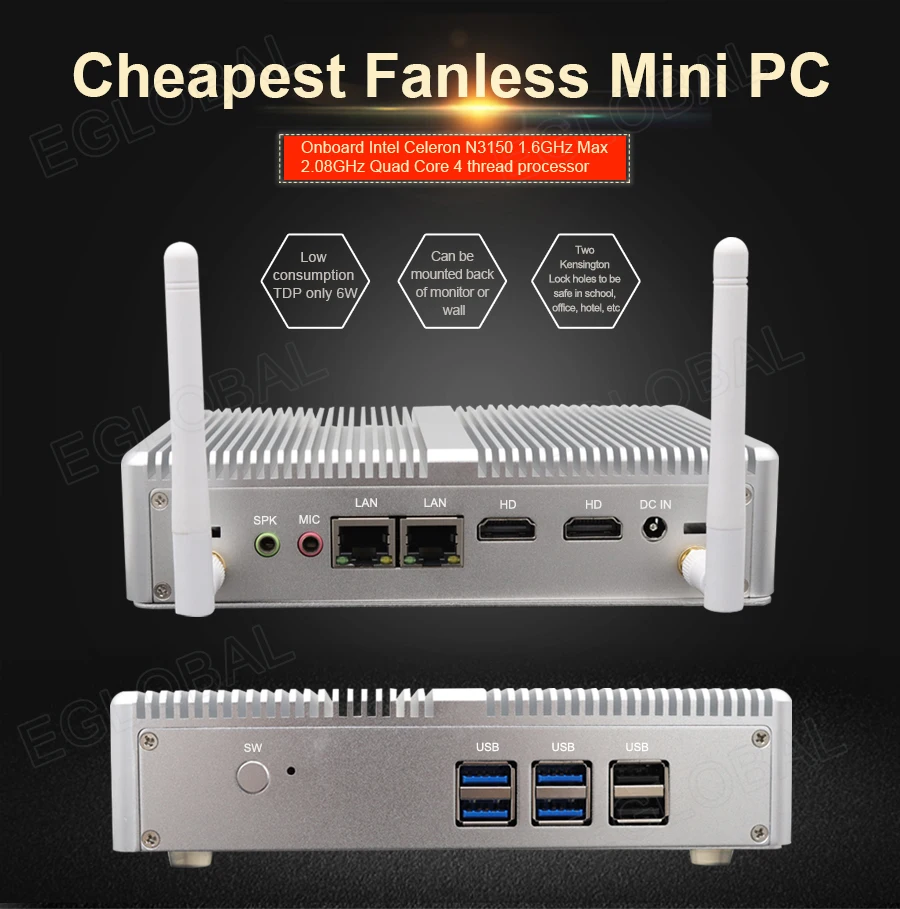 Мини ПК без вентилятора Eglobal Barebone процессор Intel Celeron N3150 N3160 до 2 08 ГГц 4k поддержка