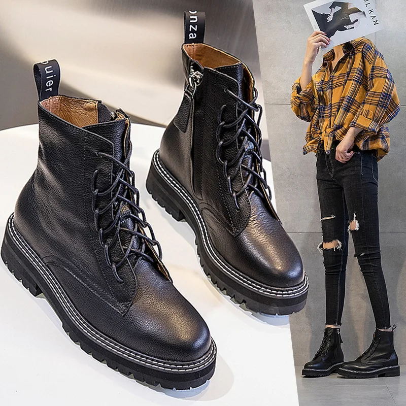 Женские ботильоны из натуральной кожи женские черные Винтажные ботинки коровьей