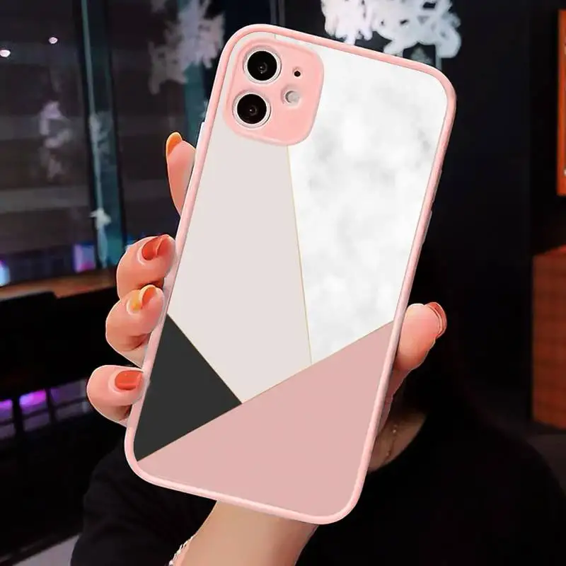 

Phone Case For iPhone 12 11 Mini Pro XR XS Max 7 8 Plus X Colorful geometric marble pattern Matte transparent Pink Back Cover