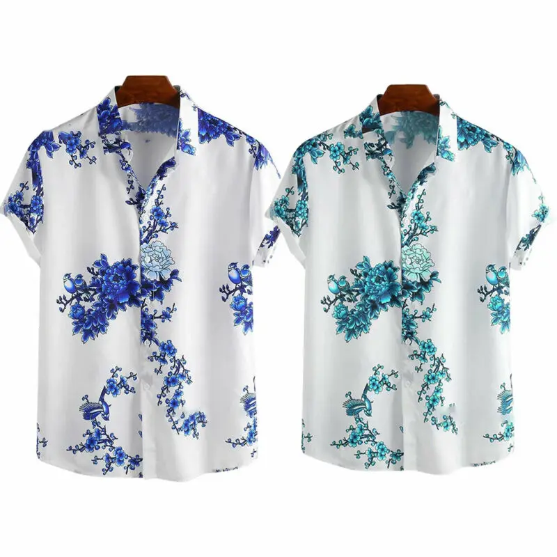 

Mens Shirt Casual Loose Cardigan Pocket Shirt Men Tops Vintage Floral Printed Summer Beach Shirts for Men