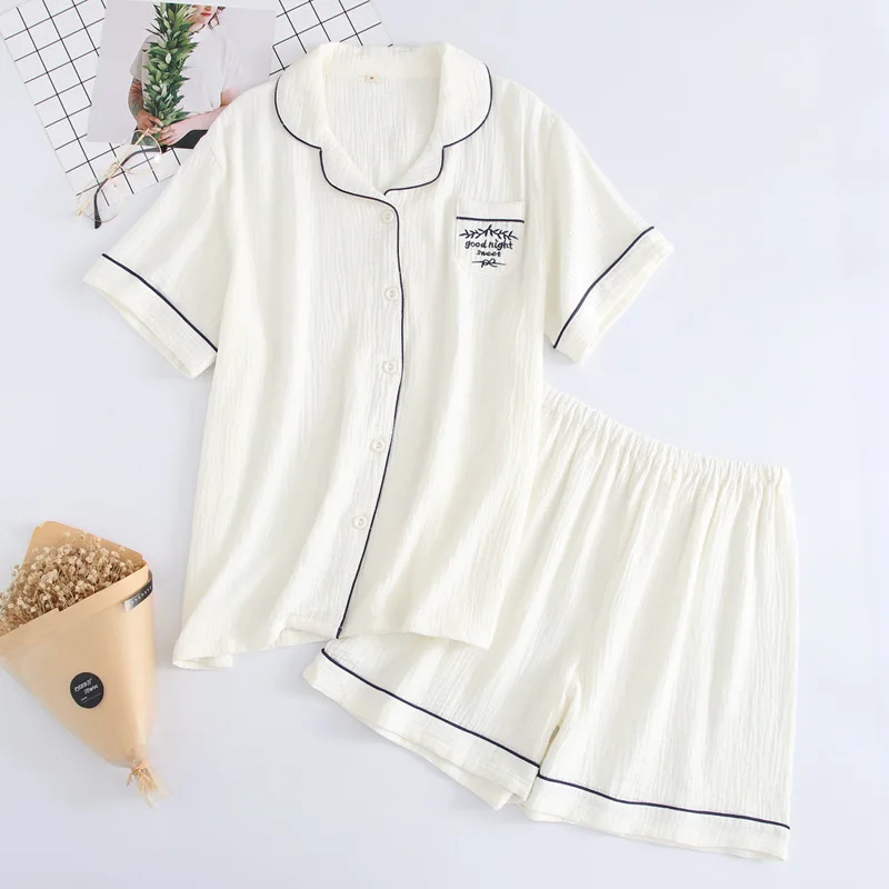 Summer Pajamas Set Women Pure Cotton Short Sleeved Sleepwear with Shorts Crepe Soft Thin Pure Color Simple Ladies Loose Homewear