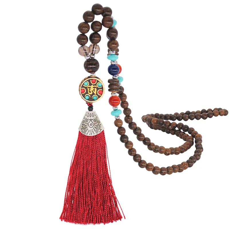 

Buddhist Wooden Beads Vintage Nepalese Long Pendant Necklace Ethnic Style Tassel Hanging Chain Sweater Chain XL006-14