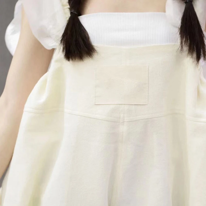 

VGH Beige Casual Playsuits For Women Square Collar Sleeveless High Waist Lace Up Bowknot Pockets Short Jumpsuits Female 2021 New