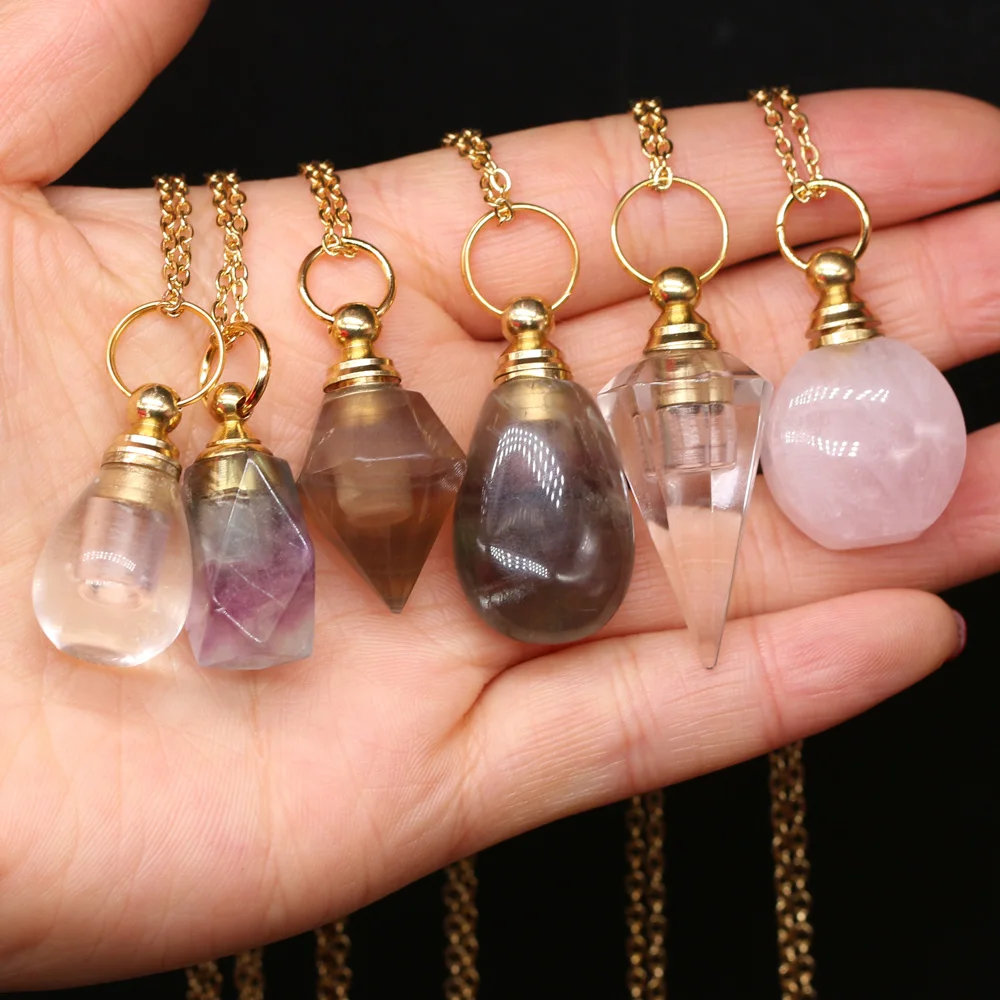 

Natural Stone Agates Crystal Quartz Perfume Bottle Purple Grey Agates Pendant Essential Oil Diffuser Necklace Women Jewelry Gift