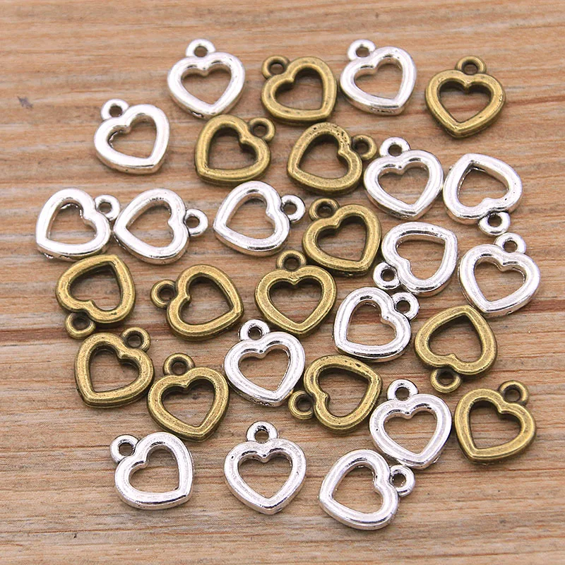 

60PCS 10*12mm Metal Alloy Two Color Small Hollow Love Charms Heart Pendants For Jewelry Making DIY Handmade Craft