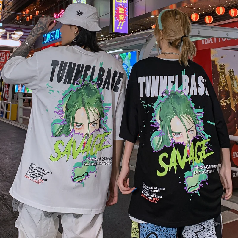 

2021 Summer Cotton Cartoon Portrait Print Short-Sleeved Oversized T shirt Street Harajuku Cotton Hip Hop Couples Punk Tee Tops