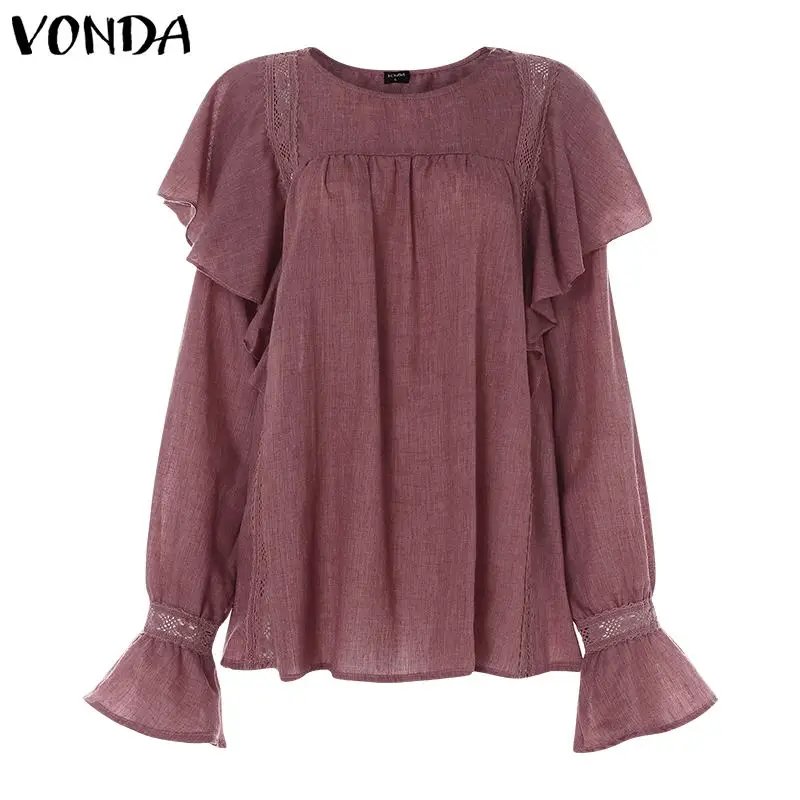 Красный VONDA, размера плюс, белая хлопковая Женская туника, Пляжная блузка, Осенние тонкие топы с рукавами-колокольчиками, женские повседневные свободные блузы, больше размера d - Цвет: Красный