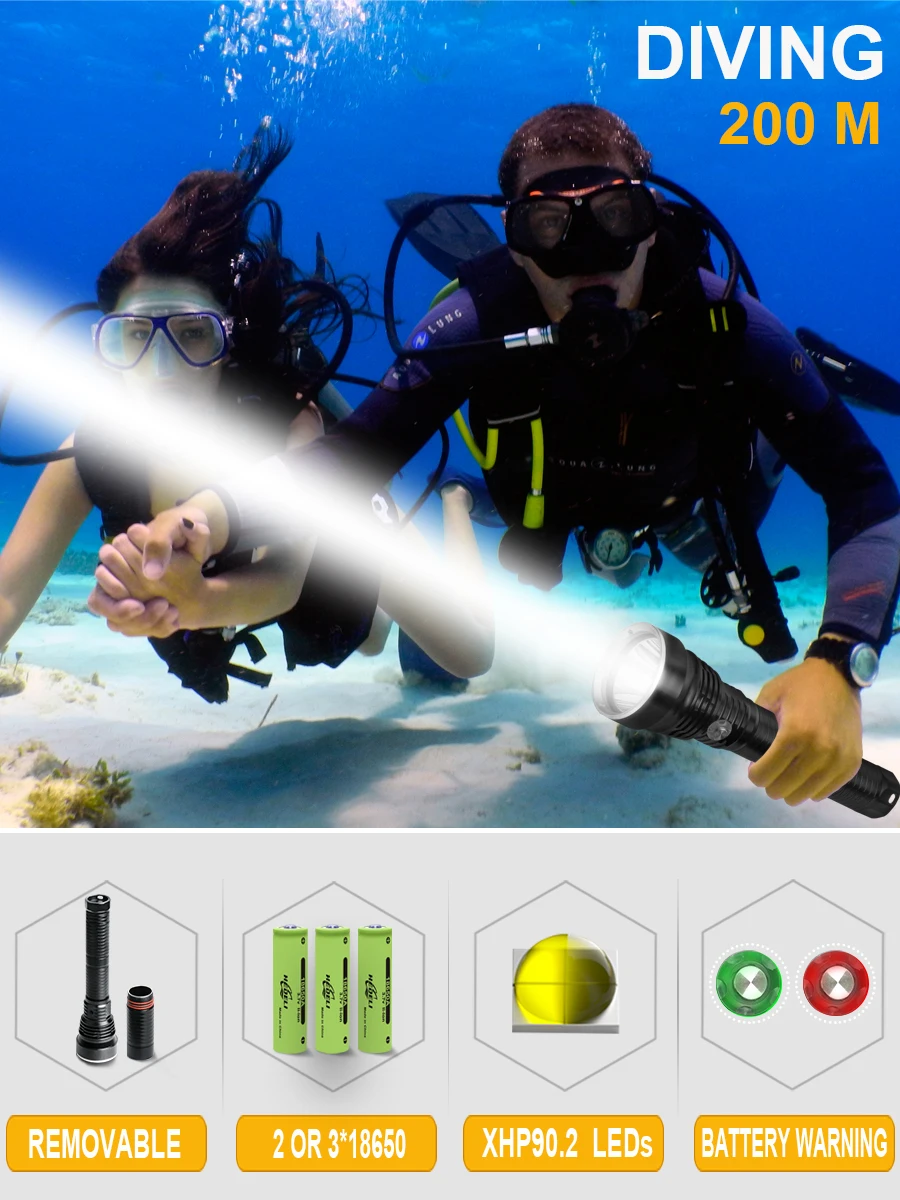 XHP90.2 IP8 Powerful Diving Flashlight Highest Waterproof XHP90 flashlight Professional diving light Use super bright lamp beads