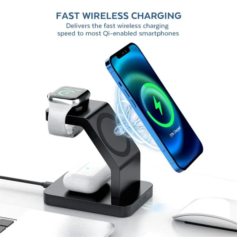 

15W Qi Fast Wireless Charger Stand For iPhone 12/12 Mini/12 Pro/12 Pro Max Apple Watch 3 In 1 Foldable Charging Dock Station
