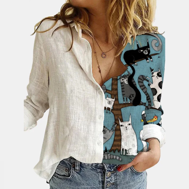 

Women Shirt White Stitching Portrait Floral Print Shirt Turn-Down Long Sleeve Top Lady Office Button Plus Size Casual Blusa