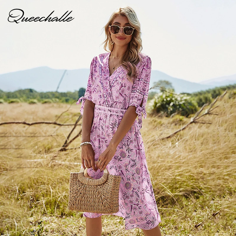 

Holiday Style Midi Dress Women's Vintage Floral Casual Elegant Dress 2021 Summer V neck Elastic Waist A-line Dress for Woman