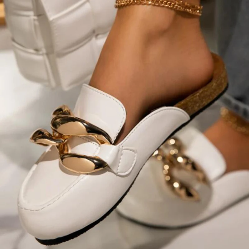 

Metal Chain Lazy Loafers Big Round Toe Women's Slippers Sandals 2021 Summer Fashion Pumps Thick-soled Office Women Shoes Mules