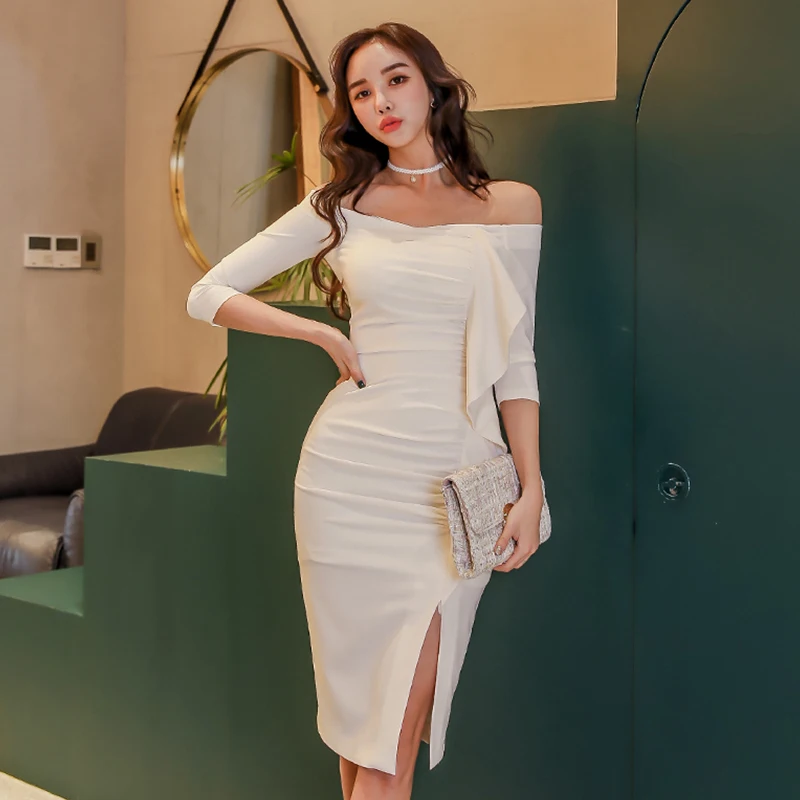 

Spring Summer Women Celebrity Party Dress Vestidos Sexy White Ruffles Off Shoulder Bodycon Club Dresses