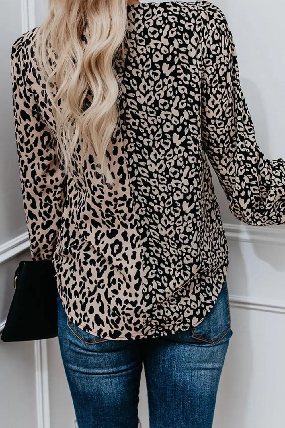 Новинка Леопардовый принт контрастный v образный вырез длинный рукав блузка