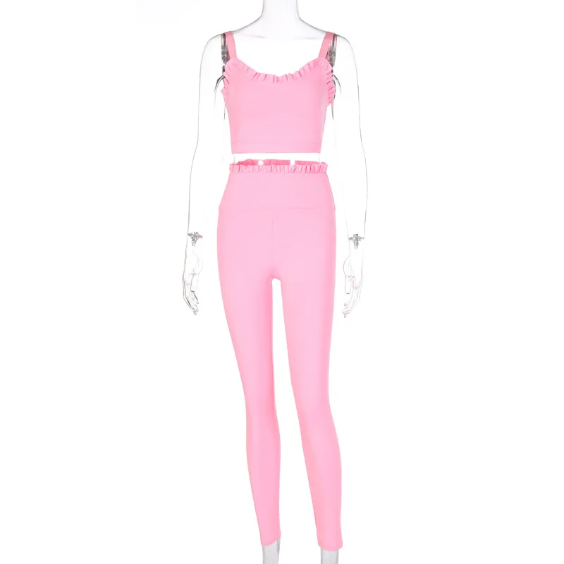 

Female Sexy Solid Yoga Set Fitness Women Sports Running Suit Gym Wear Leggings Ruffle Neckline Top Workout Quick Dry Yoga Sets