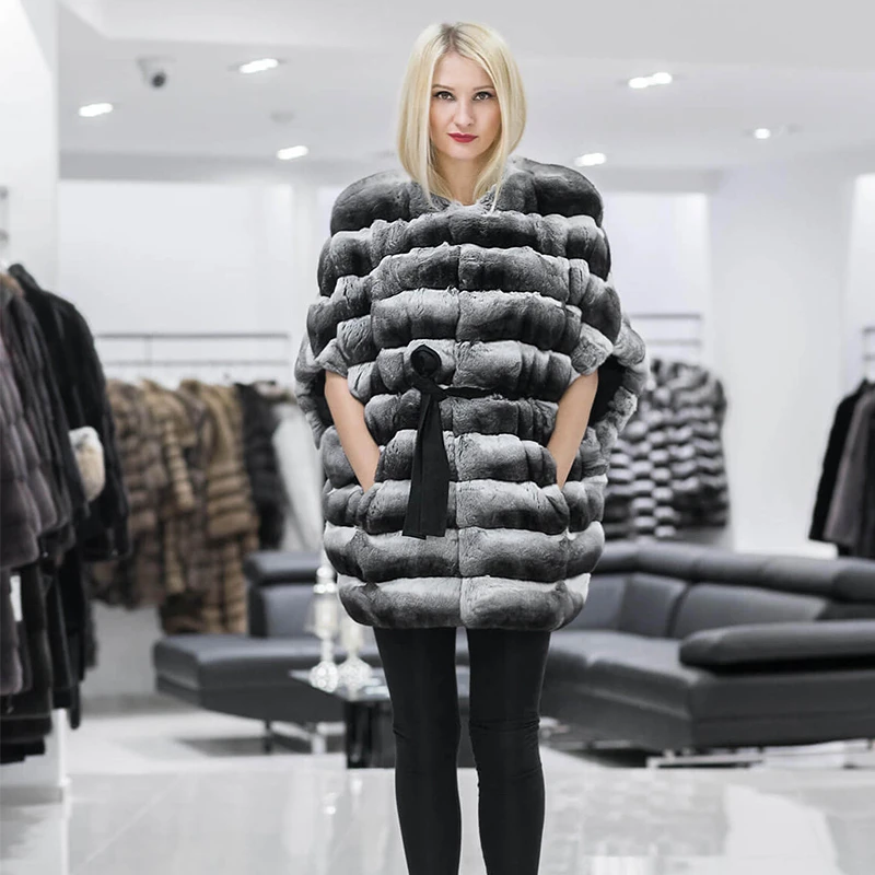 

FURSARCAR 2021 New Fashion Genuine Natural Rex Rabbit Fur Coat With Short Sleeves For Women Winter Thick Warm Outerwear Jacket